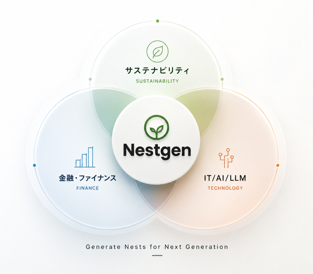 Nestgen 事業領域：サステナビリティ・金融ファイナンス・IT/AI/LLM の3領域